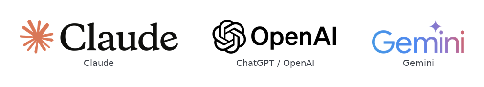 The official logos of Claude, ChatGPT (OpenAI), and Gemini side by side.